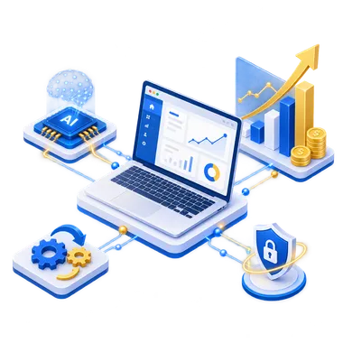 Illustration of a laptop dashboard connected to AI, automation, growth, and security icons